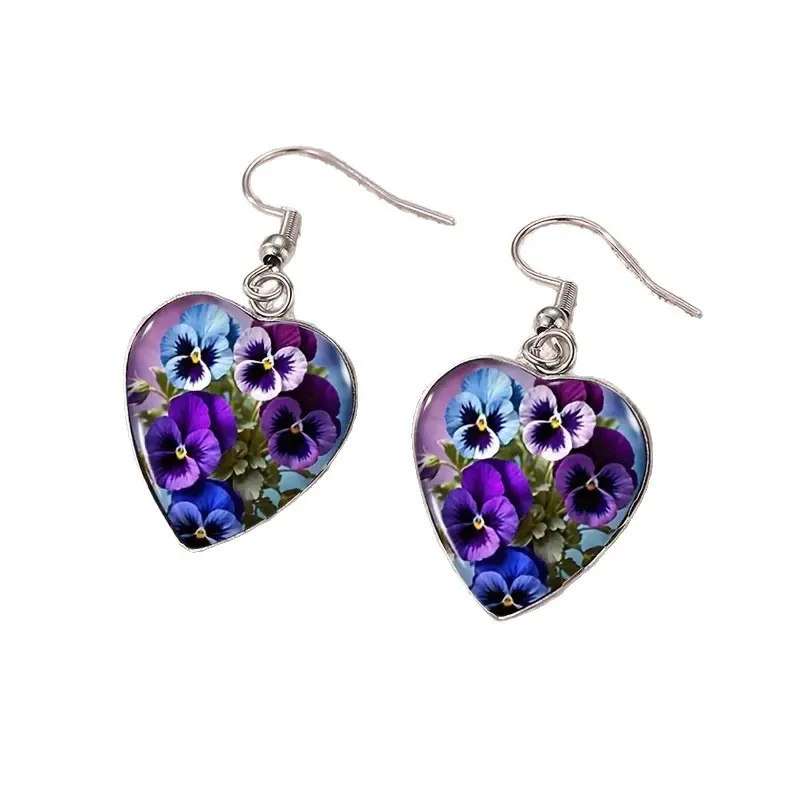 Bohemian Heart-Shaped Earrings – Pansy Flower Design, Boho Style Floral Jewelry for Women, Unique Gift for Nature Lovers